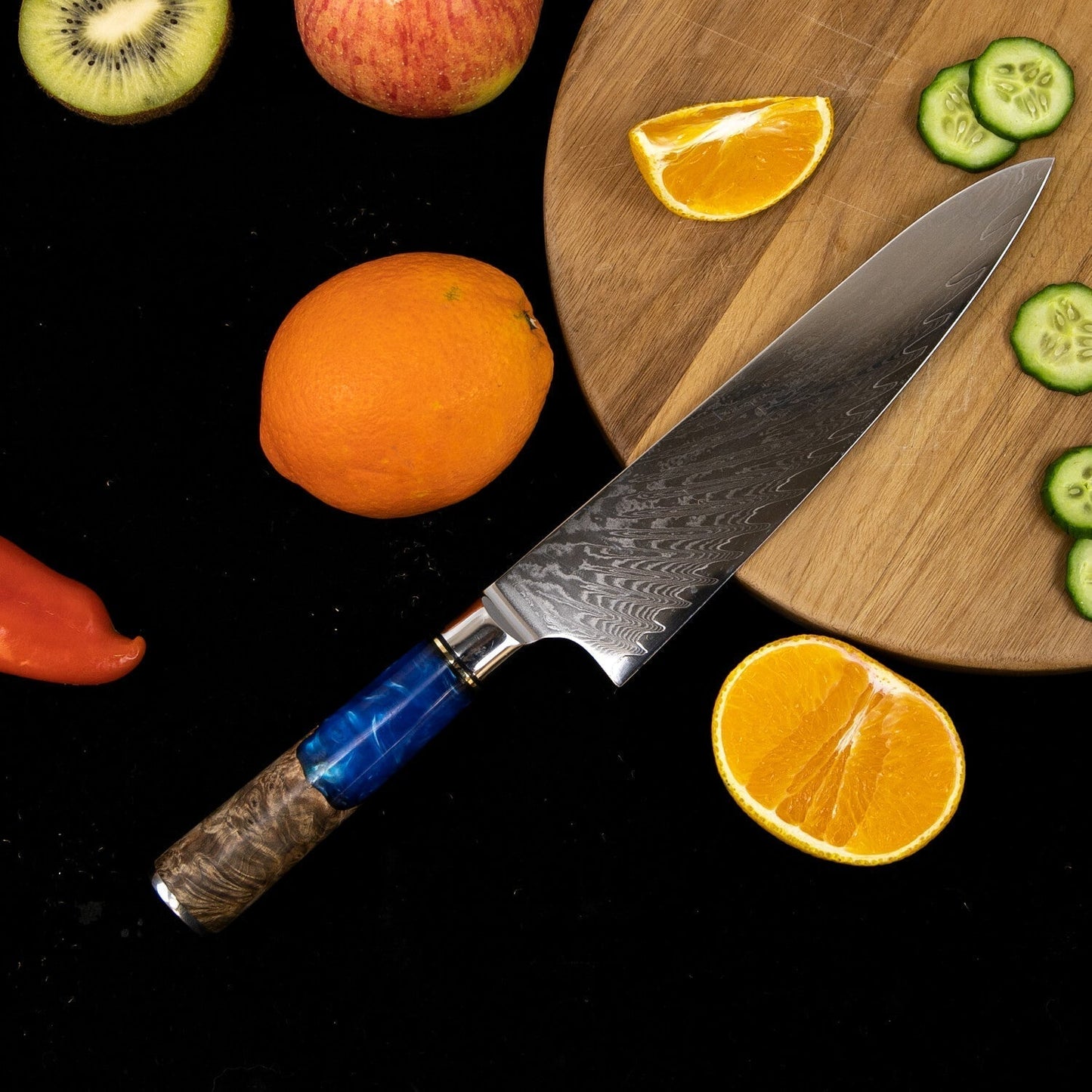 Damascus staal koksmessen, blauw