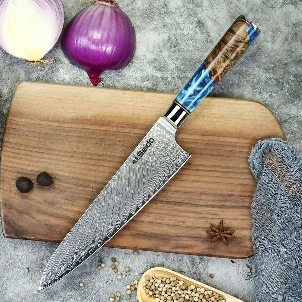 Damascus staal koksmessen, blauw