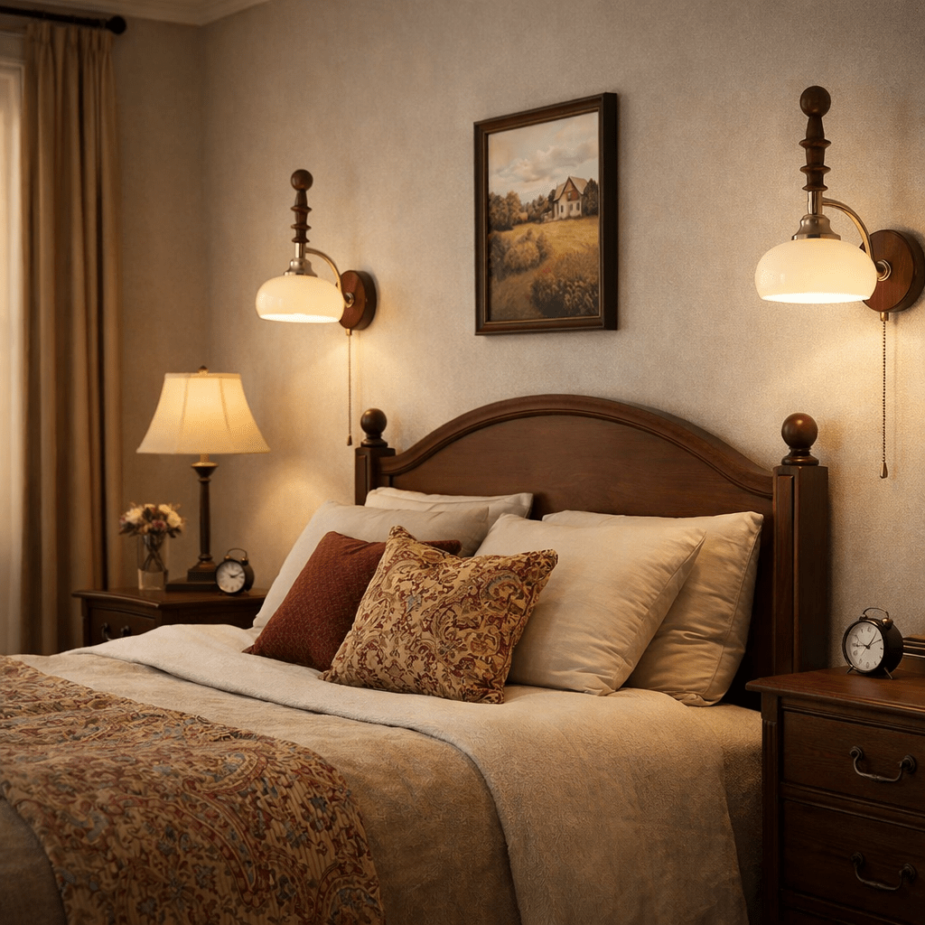 Vintage Wandlamp Met Trekkoord, Walnoot Houten Wandplaat En Opaalglazen Kap