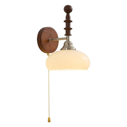 Vintage Wandlamp Met Trekkoord, Walnoot Houten Wandplaat En Opaalglazen Kap