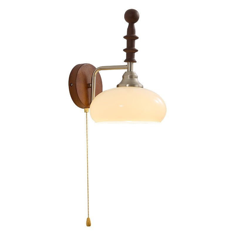 Vintage Wandlamp Met Trekkoord, Walnoot Houten Wandplaat En Opaalglazen Kap