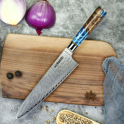 Damascus staal koksmessen, blauw