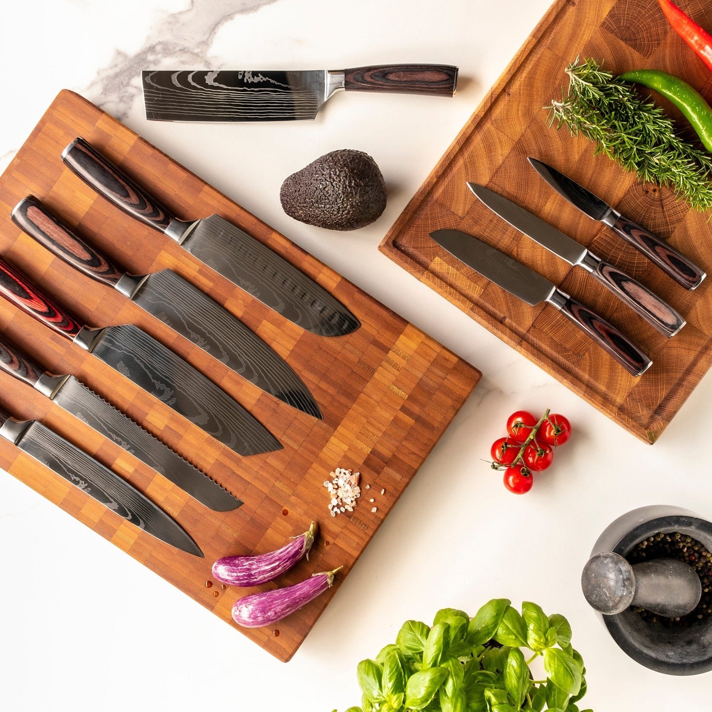 Hoogwaardige Damascus-messen met print - 9-delige messenset